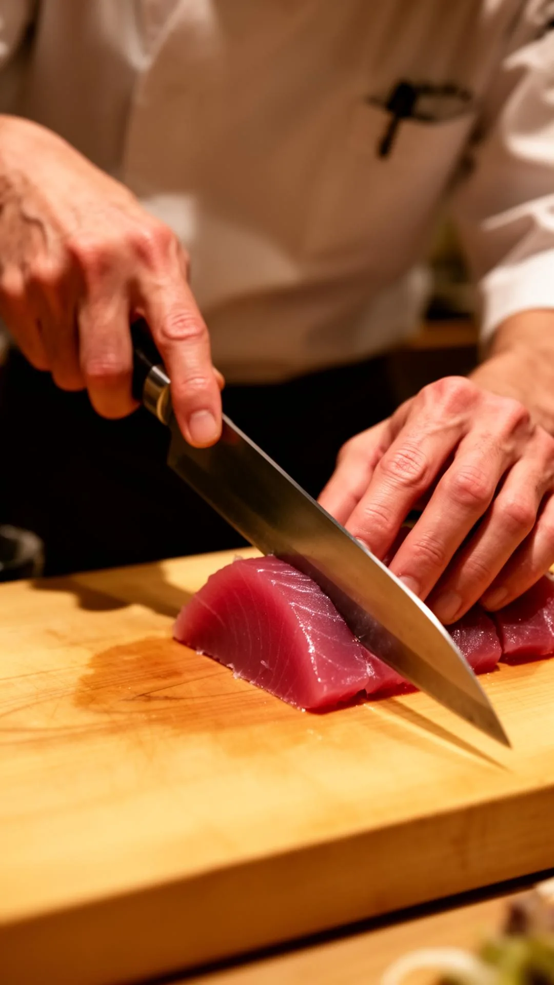 Chef hand-slicing fresh tuna sashimi