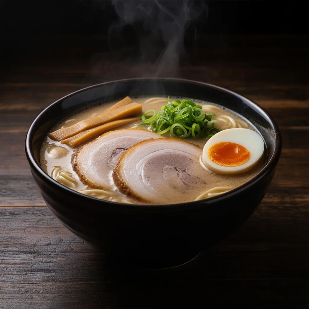 Bowl of tonkotsu ramen with sliced pork, bamboo shoots and a soft marinated egg