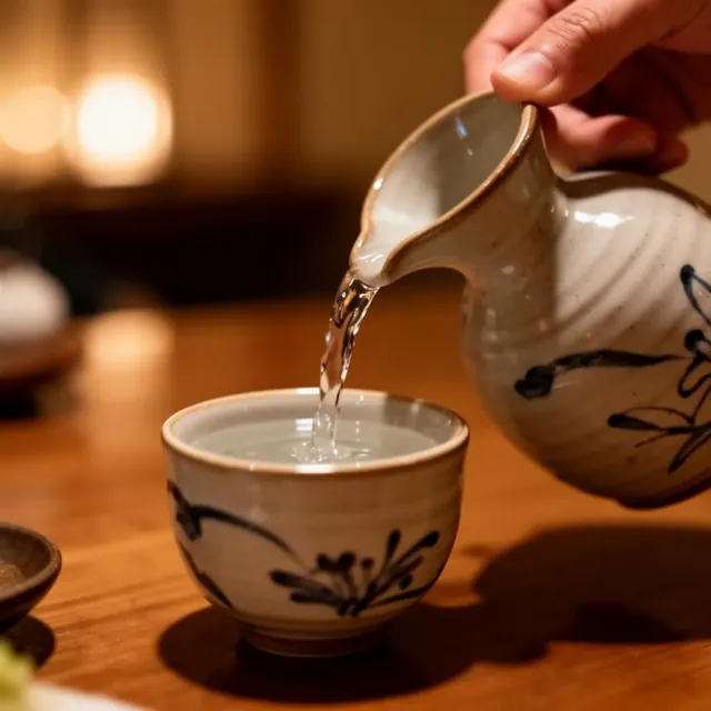 Sake being poured from a ceramic flask into a small cup