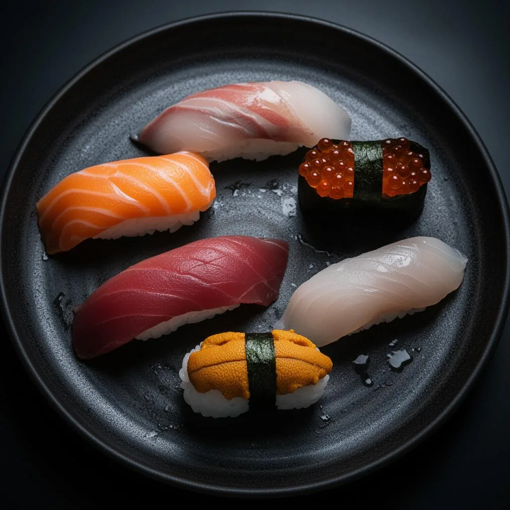 Assorted nigiri sushi and maki rolls arranged on a dark stone serving plate