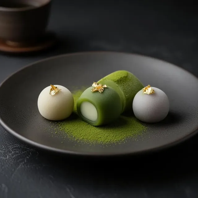 Traditional Japanese wagashi sweets plated beside a cup of green tea