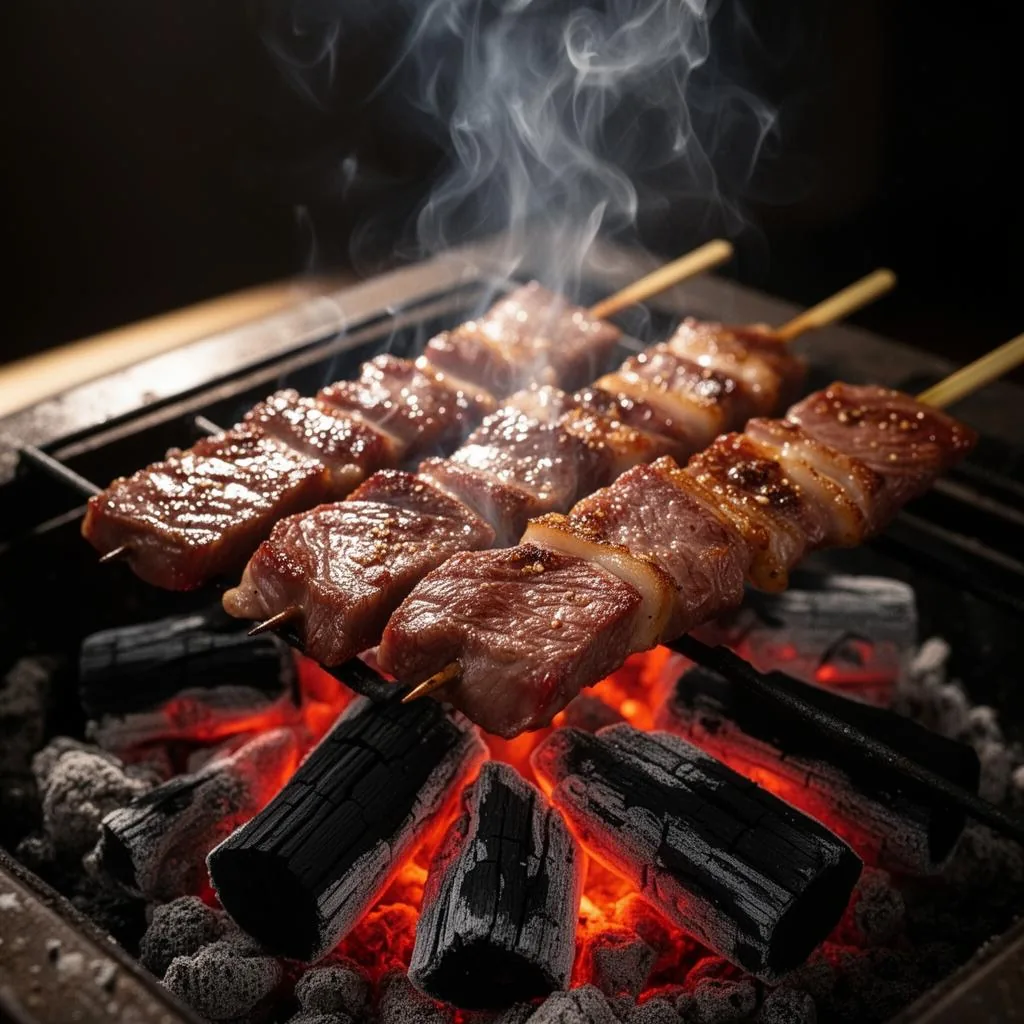 Grilled meat skewers cooking over glowing charcoal in a Japanese kitchen